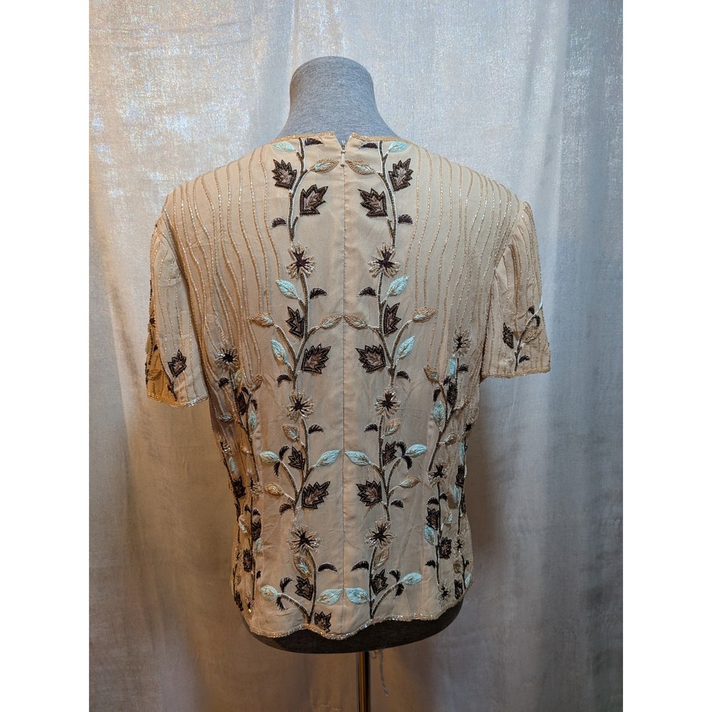 Vintage Adrianna Papell Cottagecore Old Money 14 BeigeBrown Beads Silk FloralTop - Picture 3 of 10